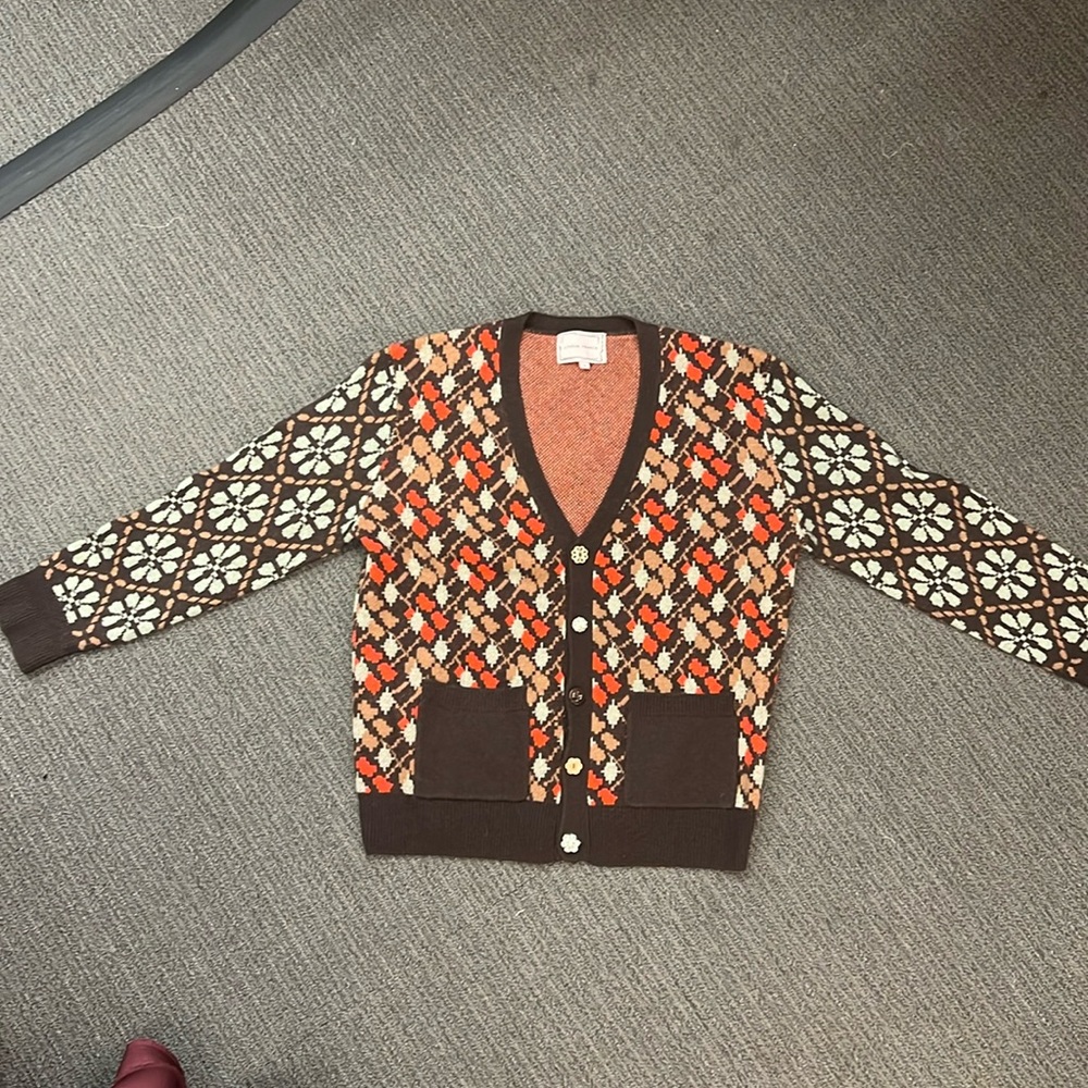 Geometric Patterned Cardigan - Brown, Red, Cream